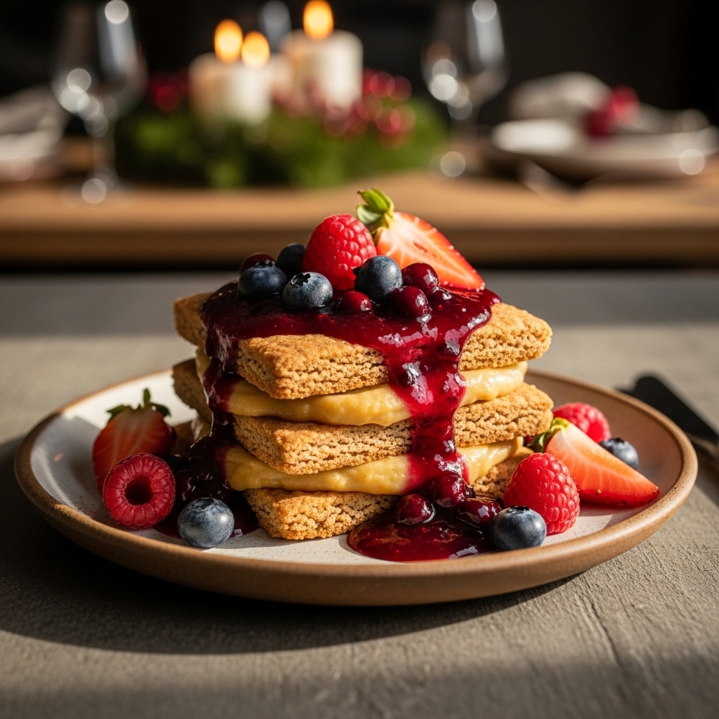 “Delectable Keto Chilean Dessert: Manjar Pavé with Almond Flour Shortbread and Berry Sauce”